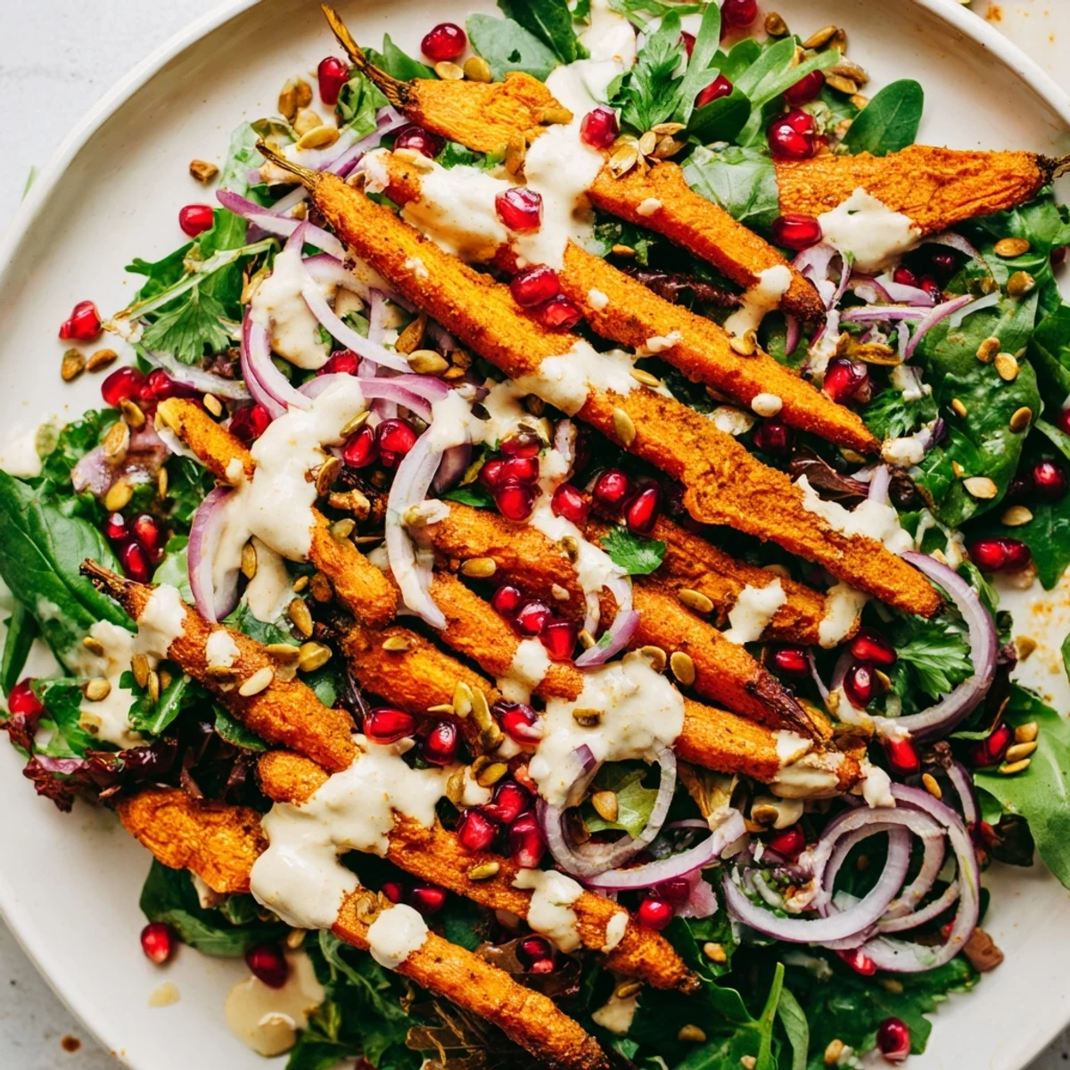 Freshly roasted carrot salad with tahini-lemon drizzle, a vibrant vegan dish bursting with flavor.