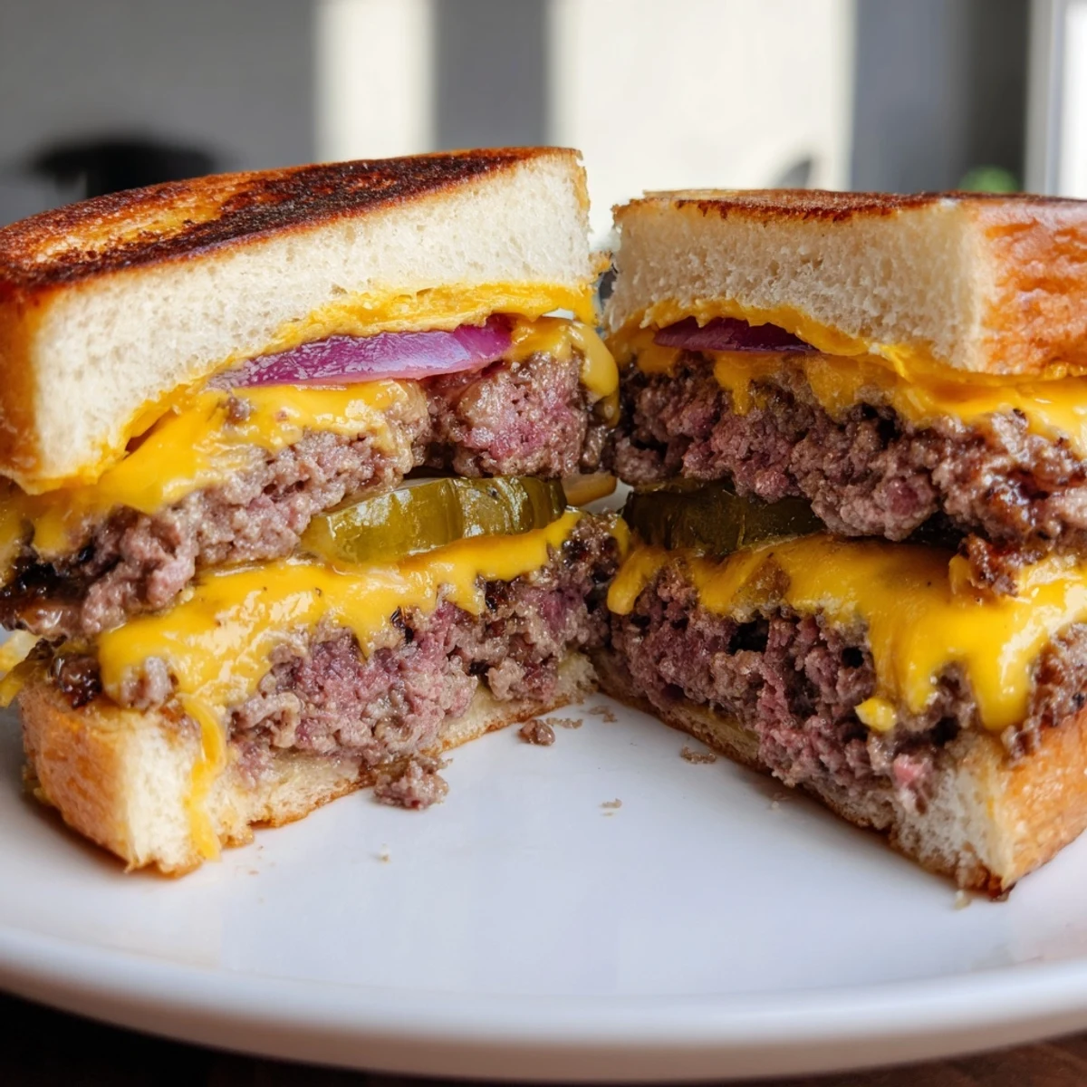 Close-up of a golden, melty Smashed Burger Grilled Cheese, oozing with savory, melted cheese.