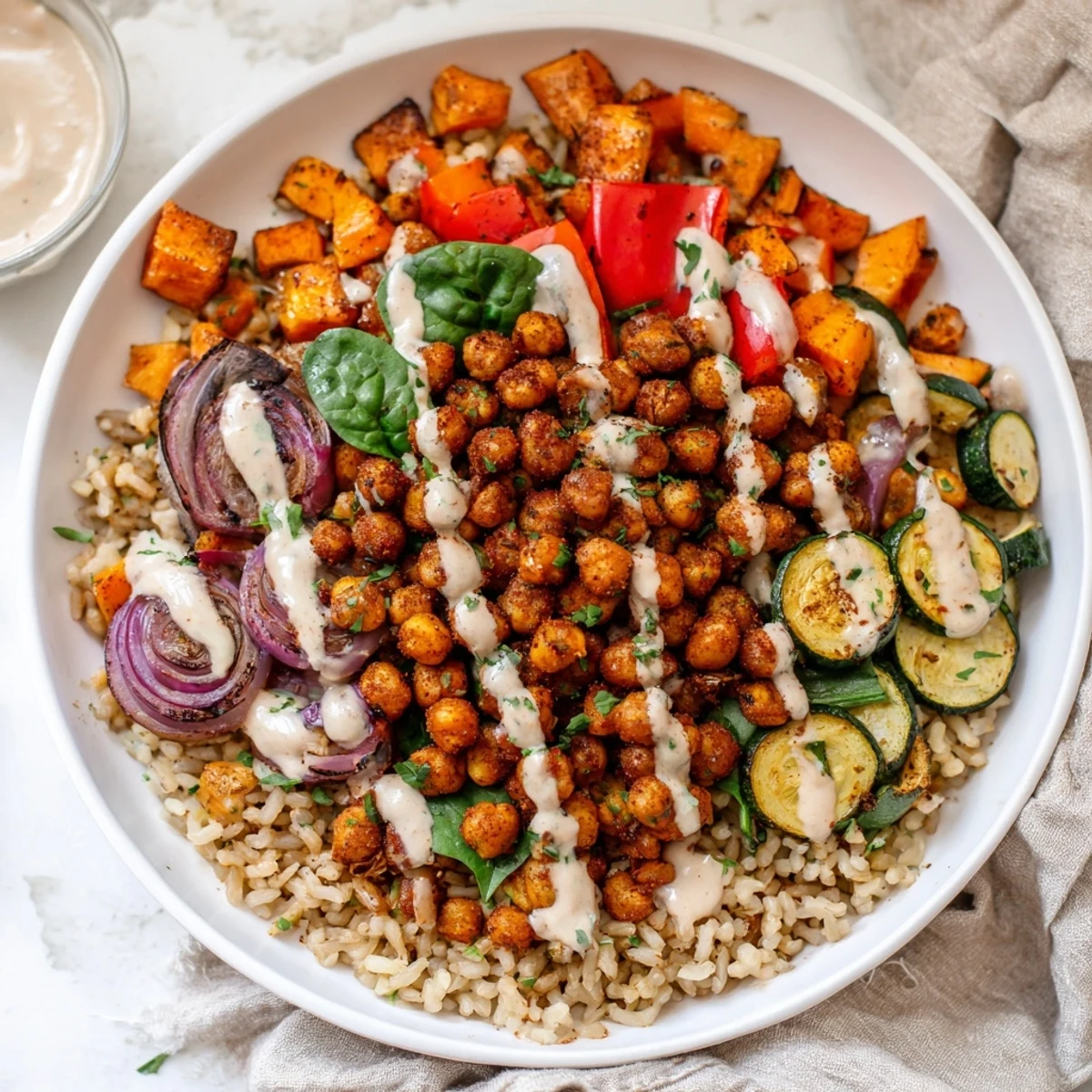 Golden-brown, crispy Roasted Chickpea Buddha Bowl with vibrant roasted vegetables and creamy tahini sauce.