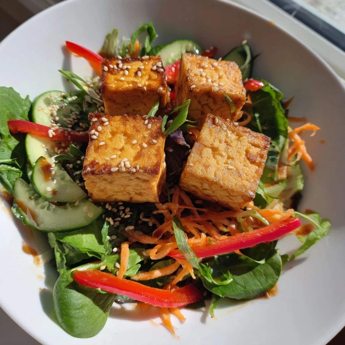 Golden, crispy tofu salad, bursting with flavor, atop fresh greens, perfect for a quick dinner.