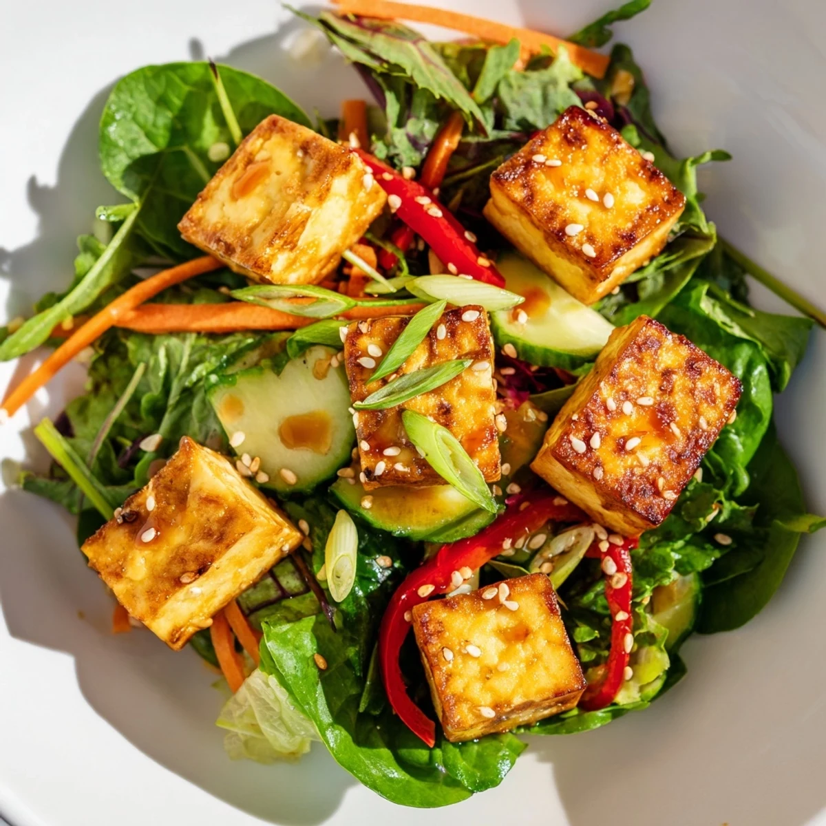A vibrant and fresh crispy tofu salad, drizzled with ginger-soy dressing, ready to enjoy.