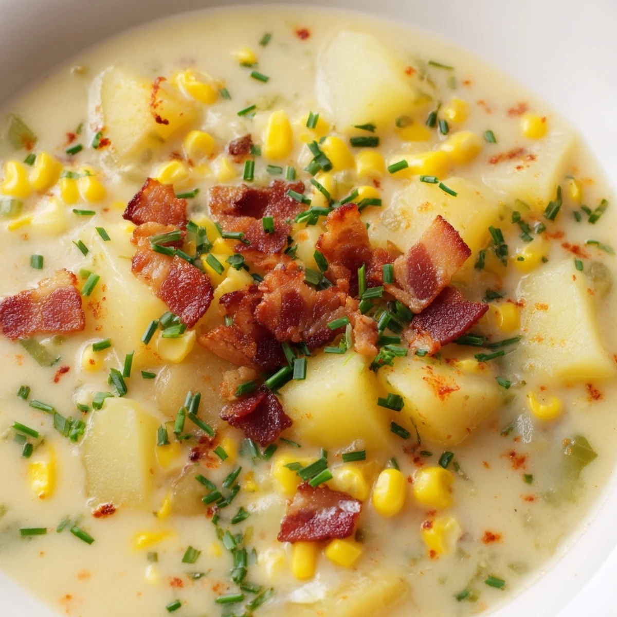 Creamy Corn Chowder soup, with visible bacon bits and fresh chives, ready to be served and enjoyed.