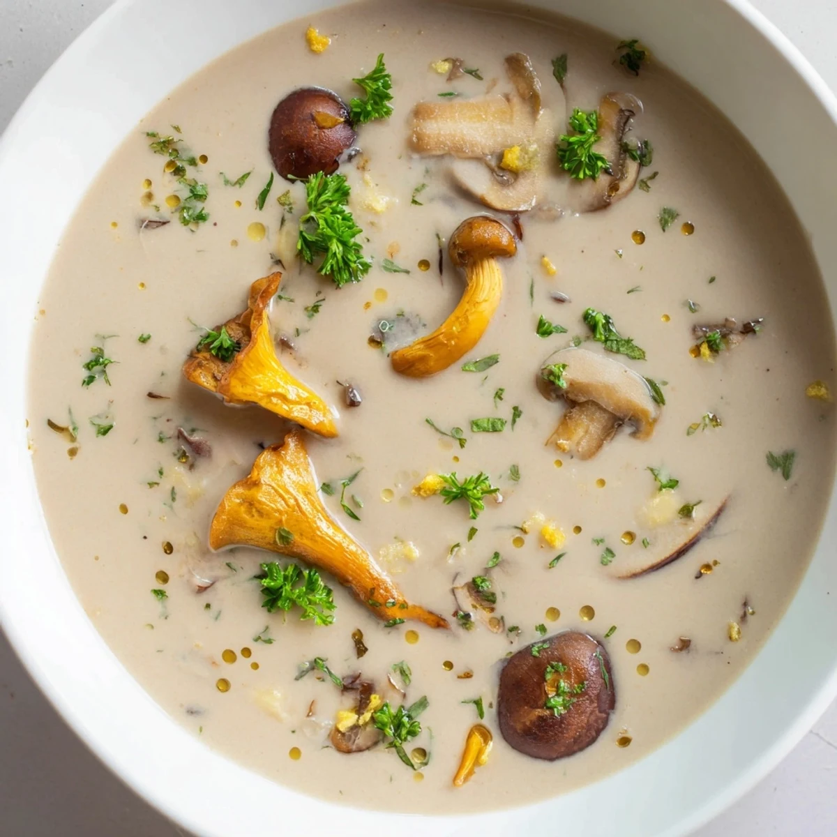Silky creamy mushroom bisque, perfect for a cozy evening, with a swirl of cream.