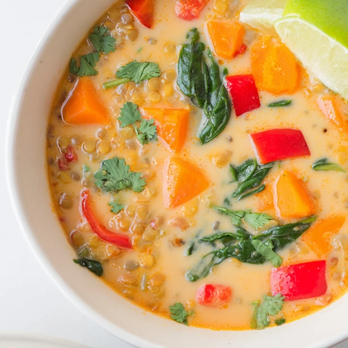 Steaming bowl of Lentil Red Curry Soup, garnished with vibrant cilantro and a fresh lime wedge.