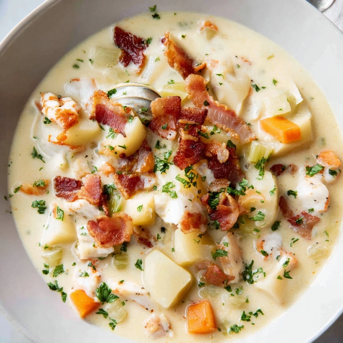 A steaming bowl of New England Clam Chowder, creamy and rich, garnished with fresh parsley.