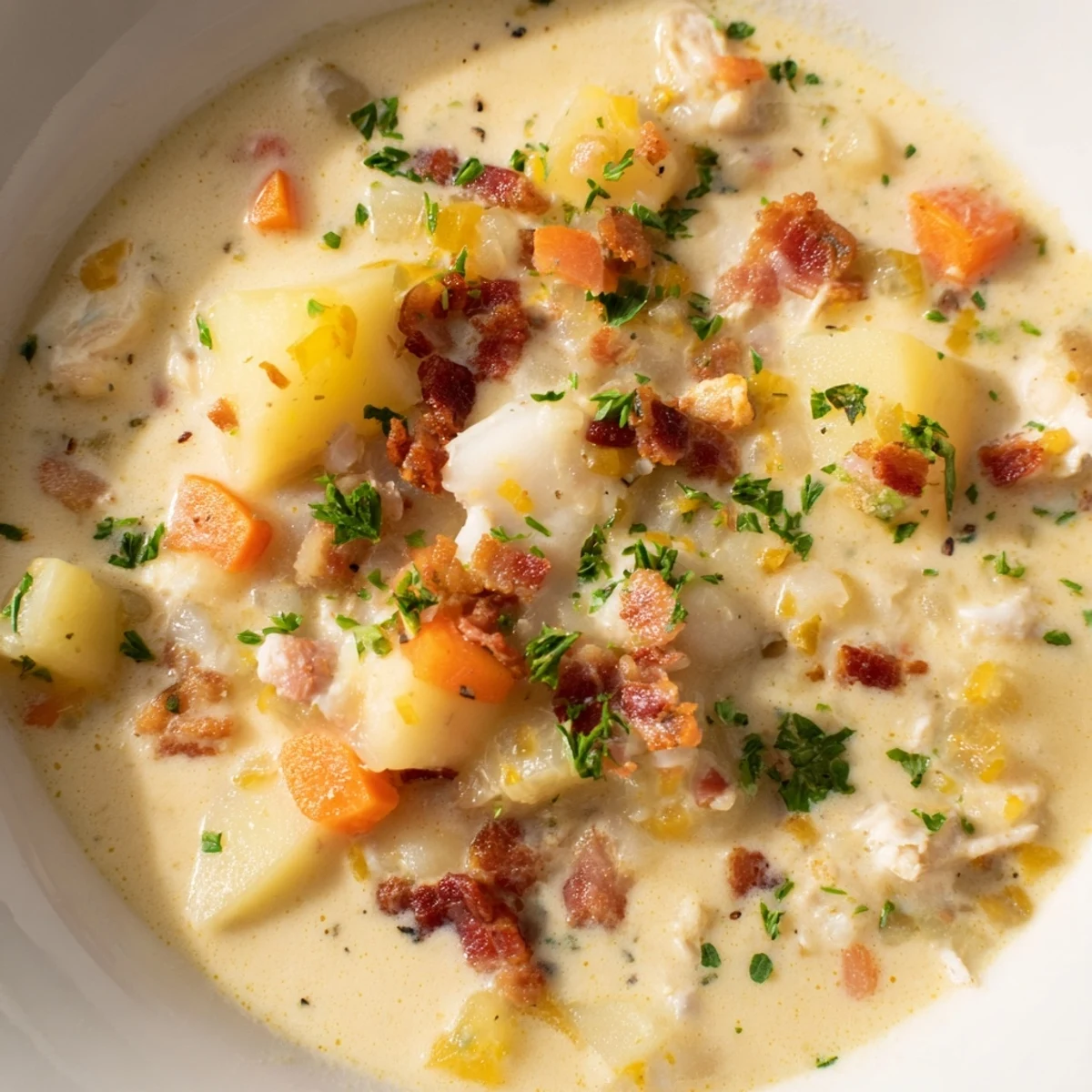 Spoonful of delicious New England Clam Chowder, ready to be enjoyed with crispy oyster crackers.