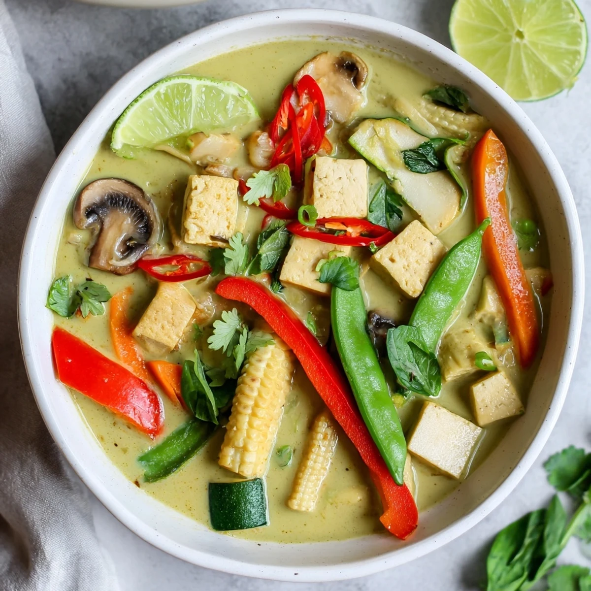 Steaming bowl of Thai Green Curry Coconut Soup garnished with fresh cilantro and lime wedges.