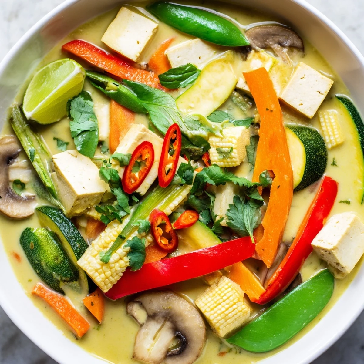 A flavorful close-up shows the rich, creamy texture of Thai Green Curry Coconut Soup ingredients.