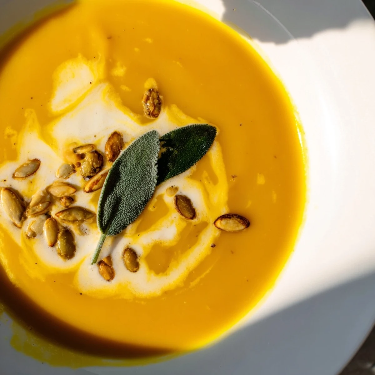 Creamy, vibrant butternut squash soup, garnished with sage, a perfect autumn dinner on a cold day.