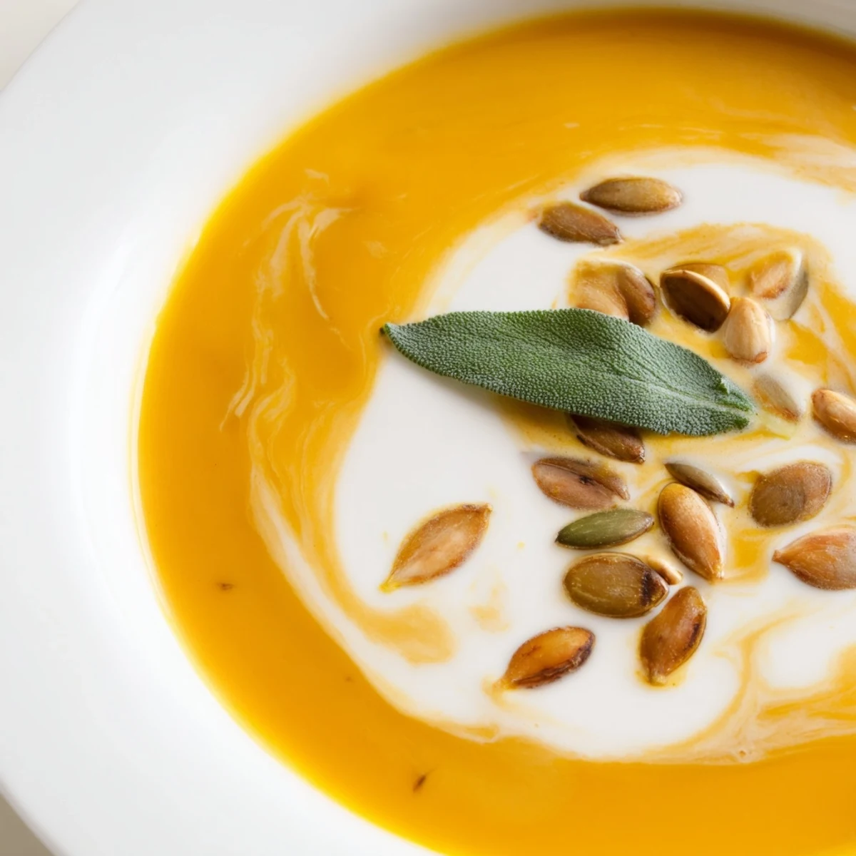 Golden-hued butternut squash soup, described as smooth with fragrant sage, ready to serve with bread.