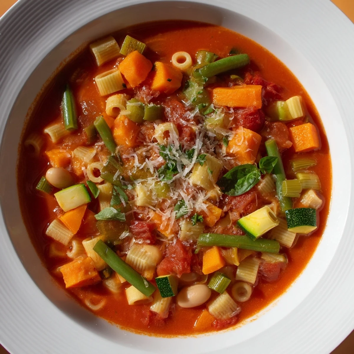 Steaming bowl of tomato basil minestrone, filled with chunky vegetables and pasta.