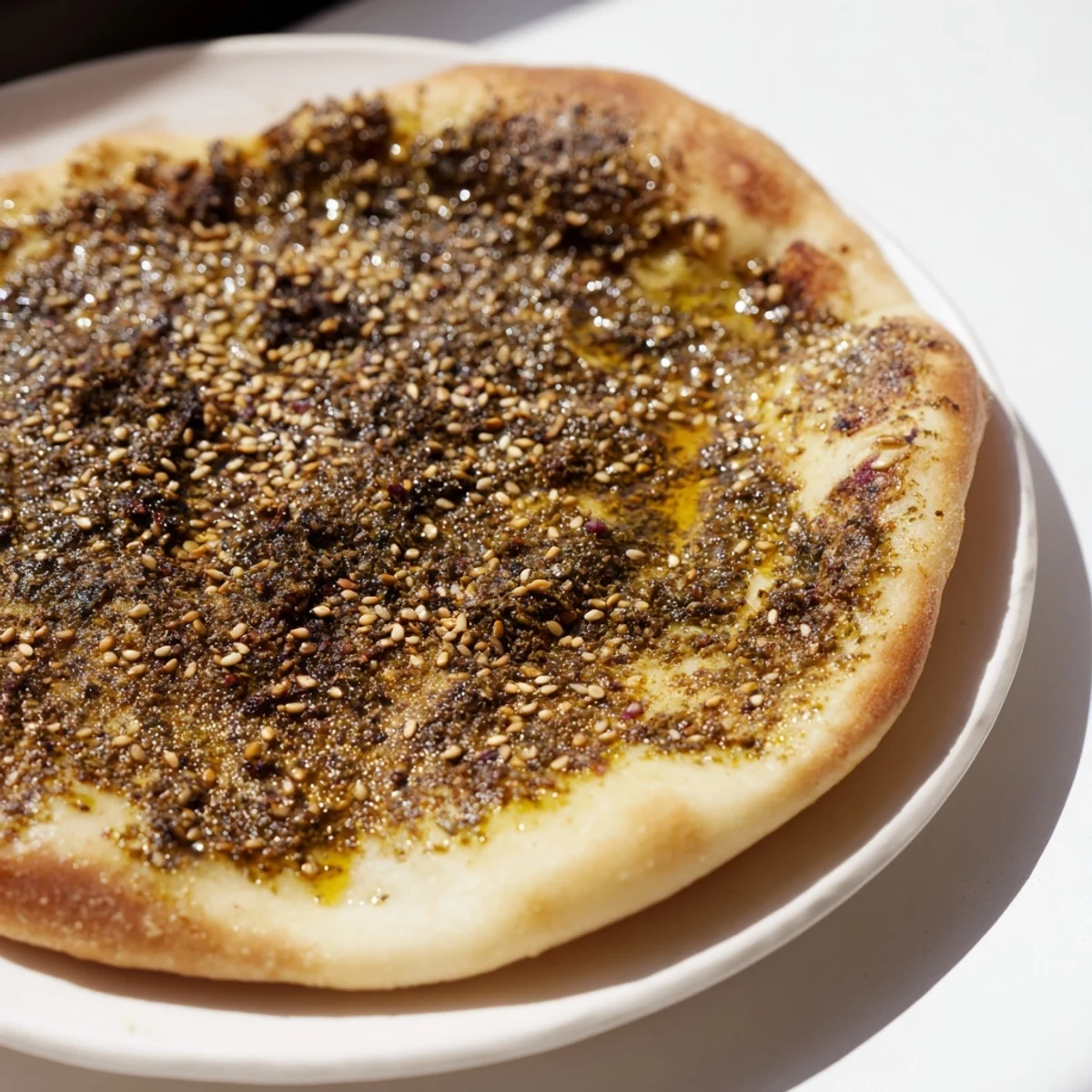 Warm, appetizing Levantine Zaatar Bread, showing the savory zaatar topping ready to enjoy as a snack.