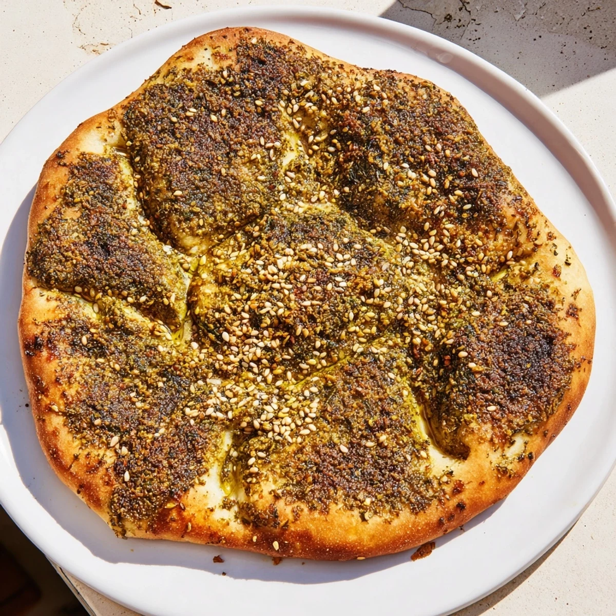 A close-up of crispy Levantine Zaatar Bread, sprinkled with zaatar and sesame, perfect for sharing and dipping.