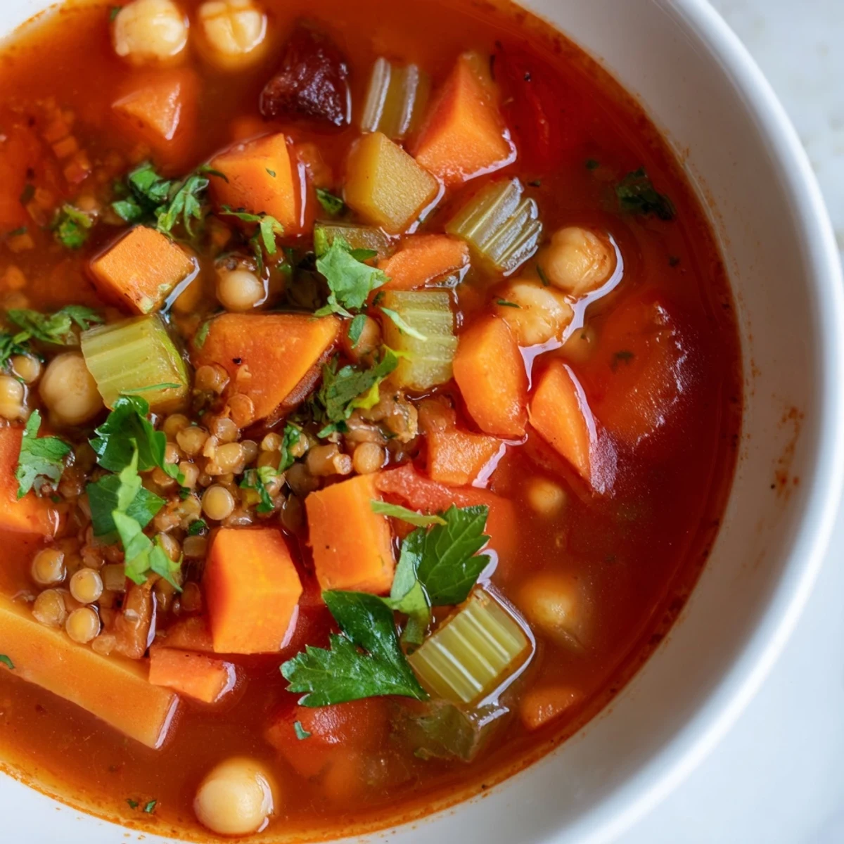 Steaming bowl of North African Harira Soup with vibrant herbs, ready to be enjoyed.