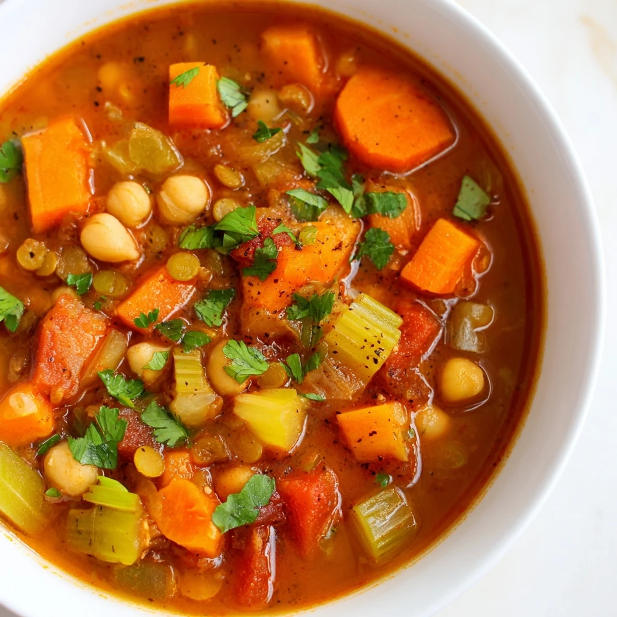 Close-up of hearty North African Harira Soup with lentils, chickpeas, and a flavorful broth.