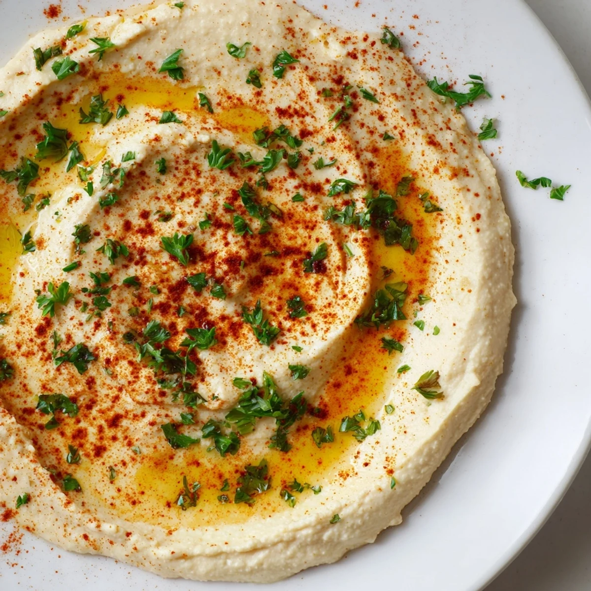 Creamy Levantine hummus plate drizzled with olive oil and paprika, ready for dipping pita bread.
