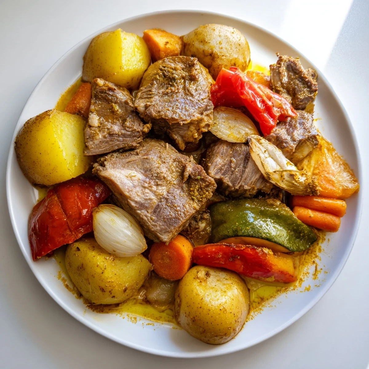Juicy lamb pieces from a flavorful Jordanian Zarb dish are surrounded by roasted vegetables.