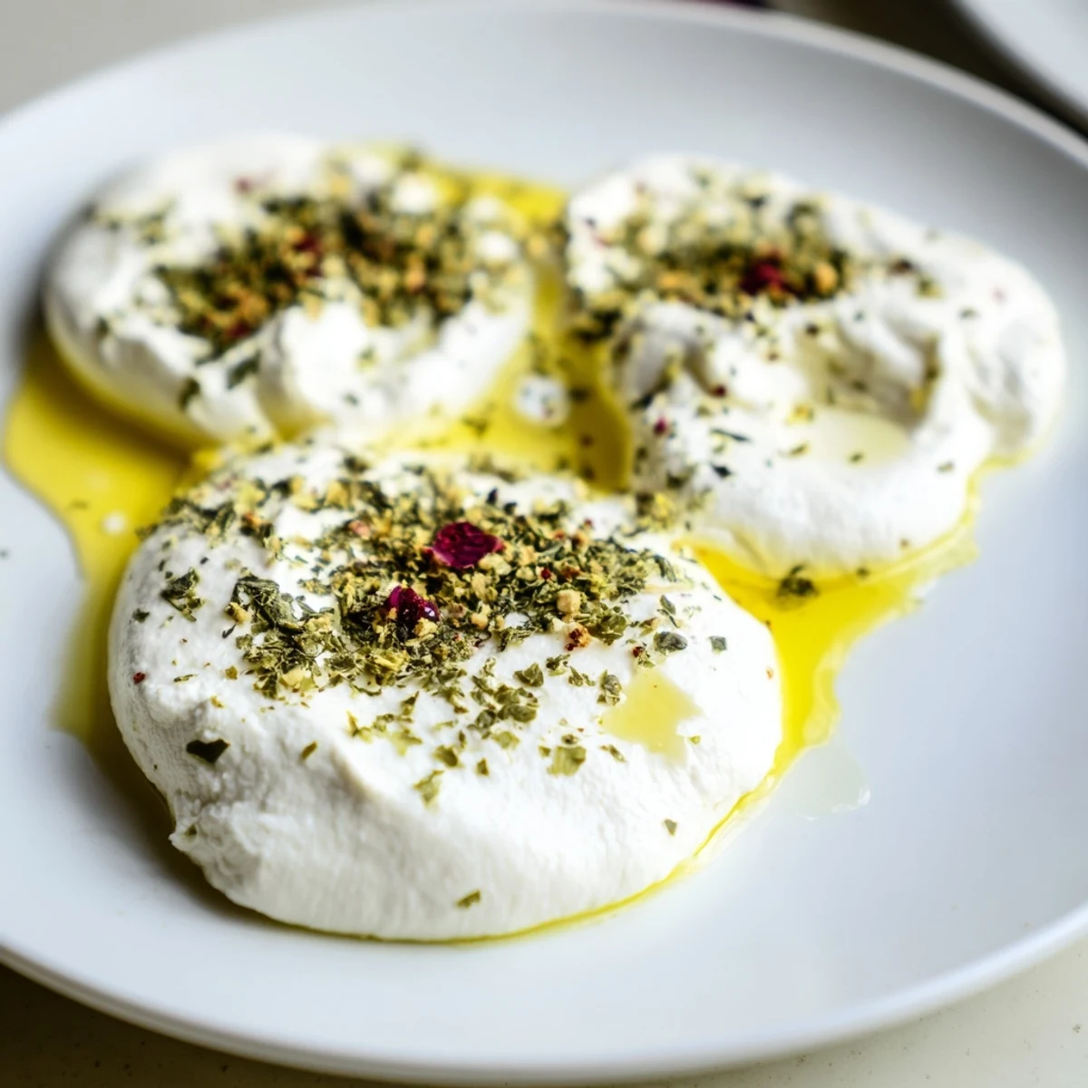 Creamy Levantine labneh cheese, drizzled with olive oil, ready to be scooped with warm pita.