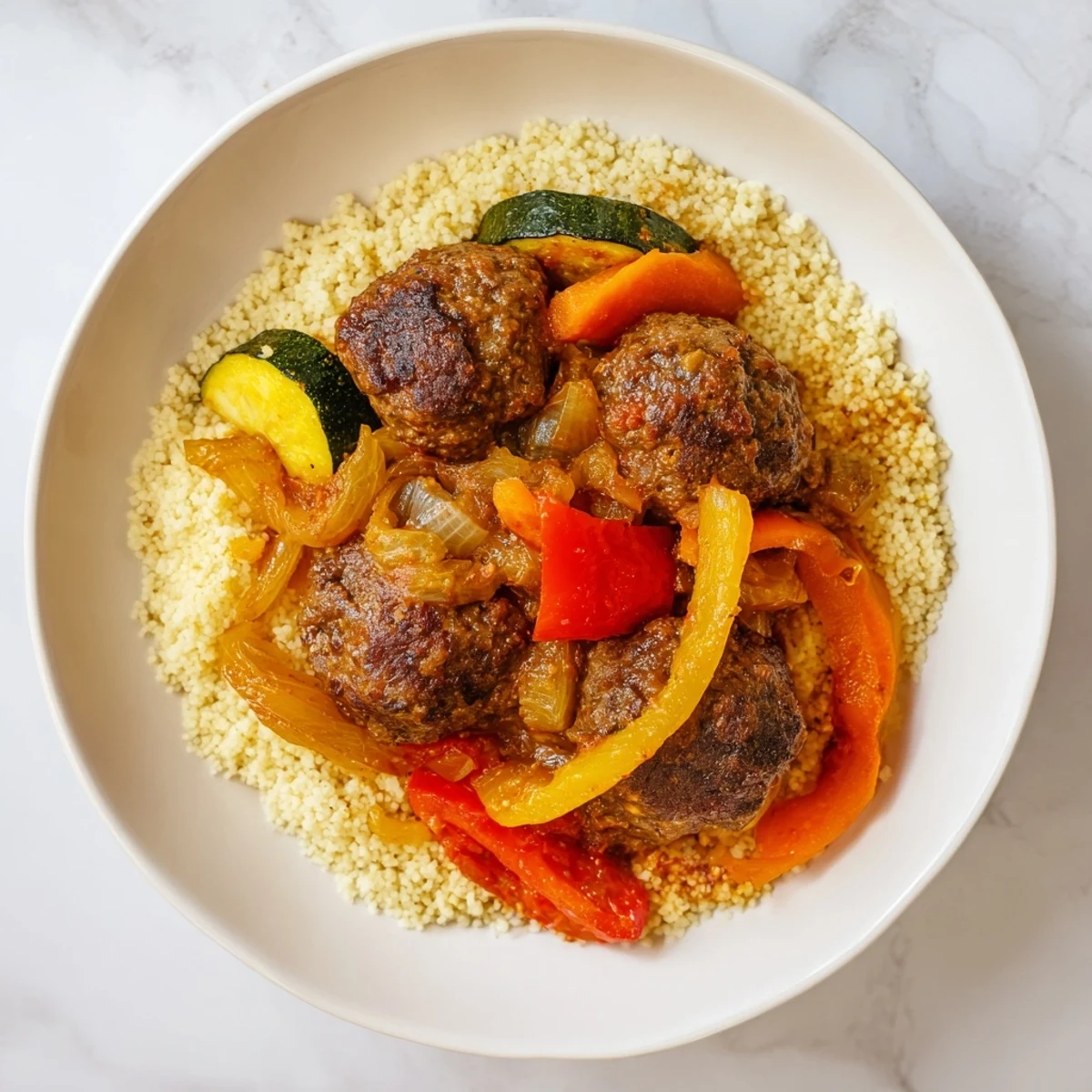 A steaming bowl of North African Couscous Kefta featuring savory meatballs in a rich sauce.