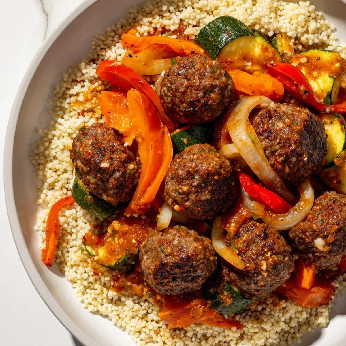 Fluffy couscous topped with spiced kefta and vibrant vegetables; a classic North African Couscous Kefta dish.