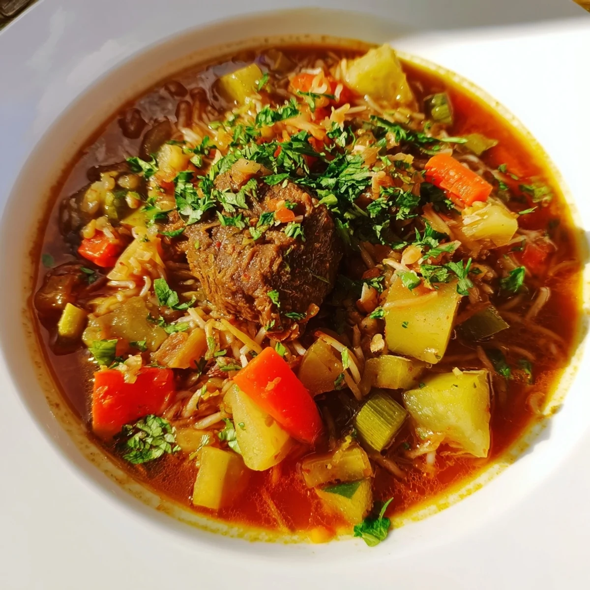 Steaming bowl of Algerian Chorba – a flavorful, hearty lamb and vegetable soup, ready to eat.