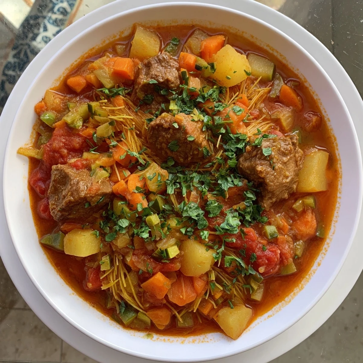 Close-up of Algerian Chorba: rich broth with tender lamb, carrots, and herbs, perfect for a cozy supper.