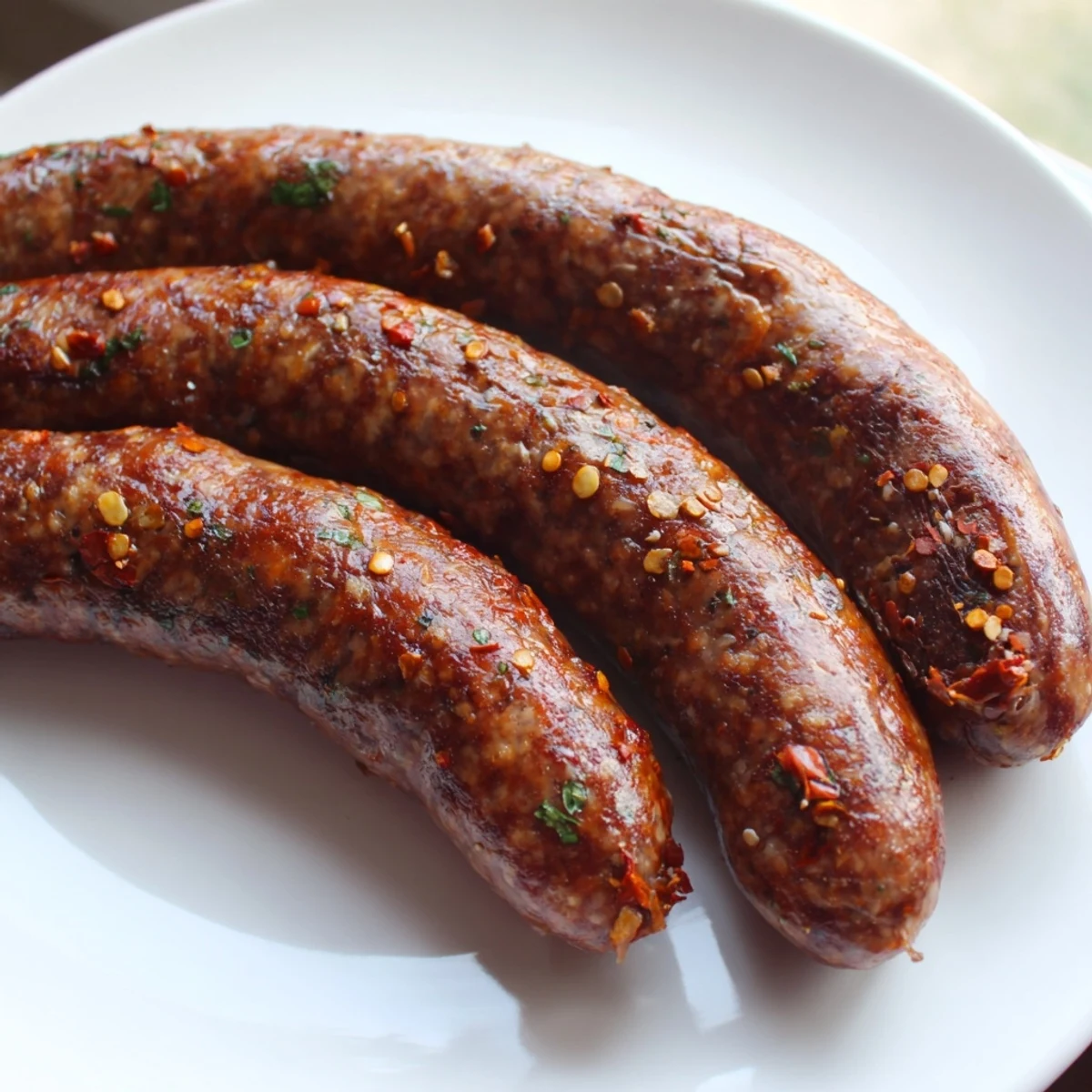 Juicy grilled Tunisian Merguez sausage, a North African spiced sausage, ready to be served.