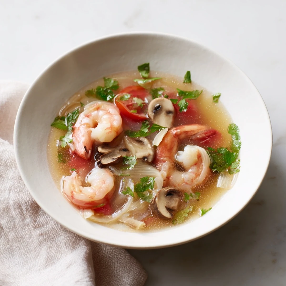 Steaming bowl of Spicy Tom Yum Soup, garnished with cilantro, ready to eat.