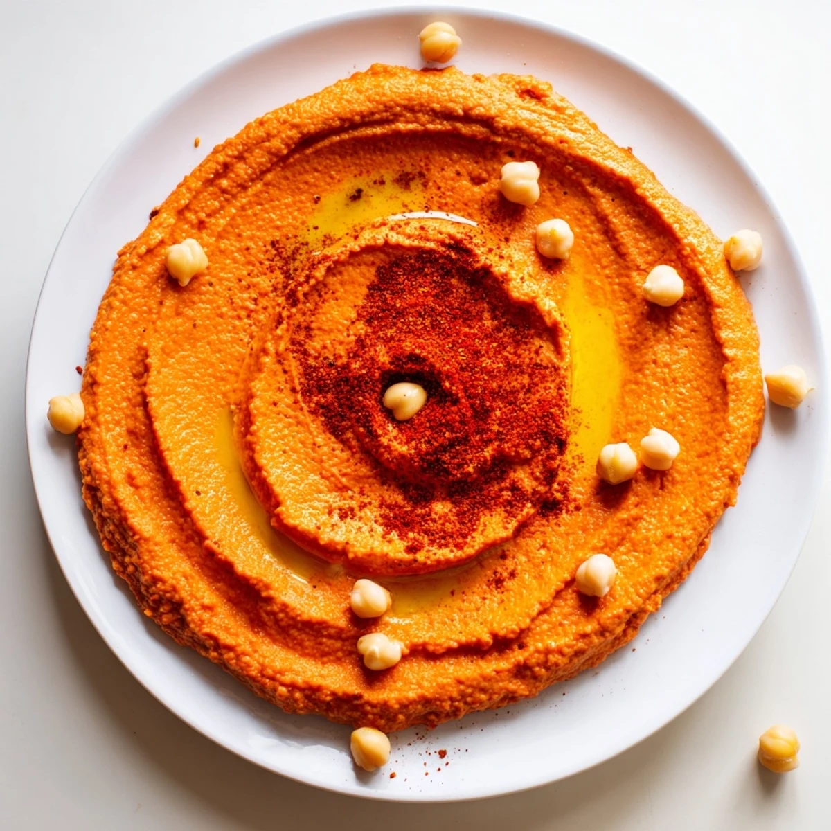 A close-up of creamy roasted red pepper hummus in a white bowl, drizzled with olive oil and sprinkled with paprika.  