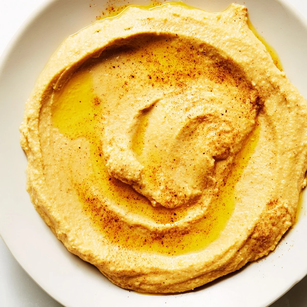 Creamy Chickpea Curry Paste swirled into a bowl, topped with a drizzle of olive oil and a pinch of curry powder, perfect for dipping fresh veggies.