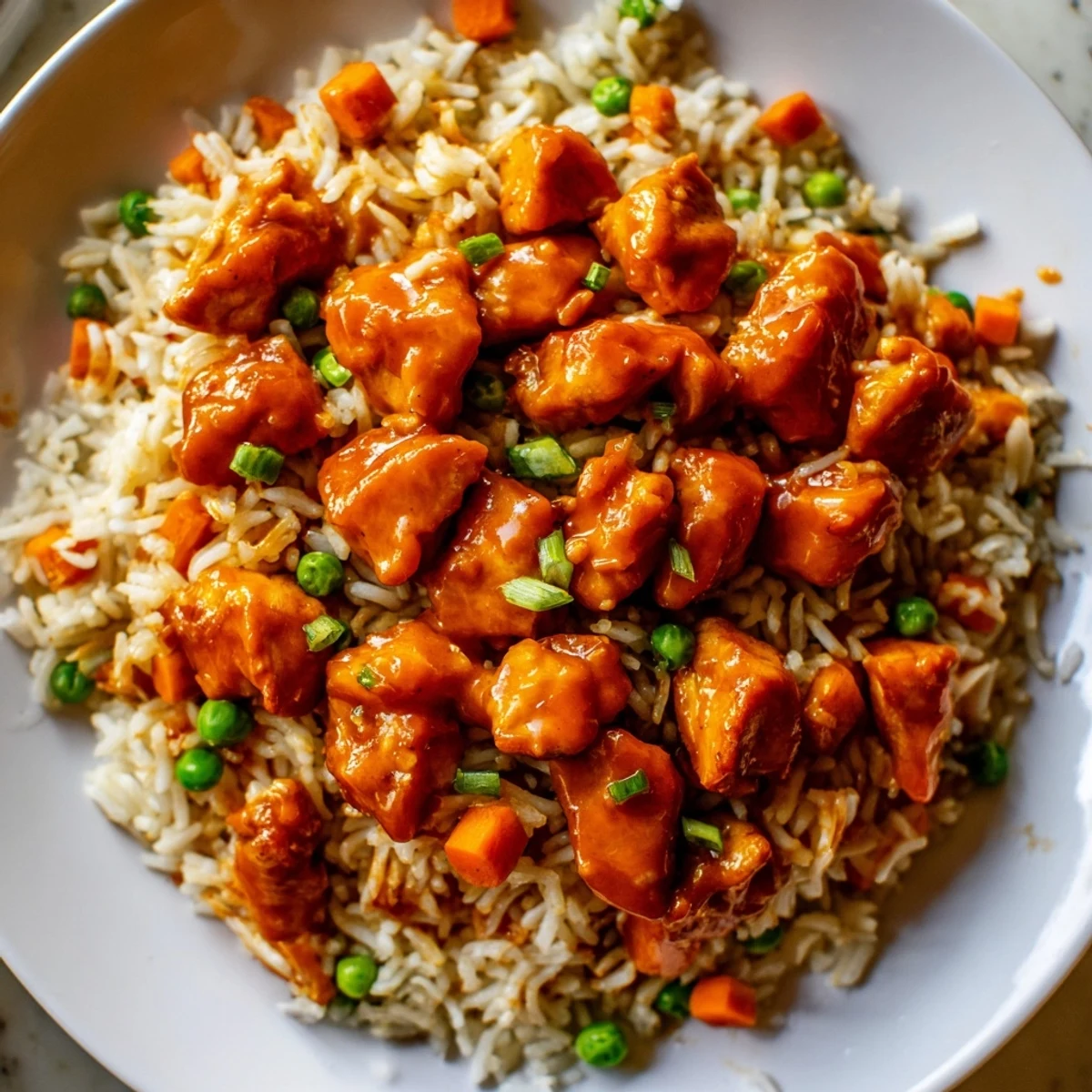 Golden butter chicken fried rice with tender chicken pieces, vibrant peas, carrots, and fluffy rice in a rich, creamy sauce.