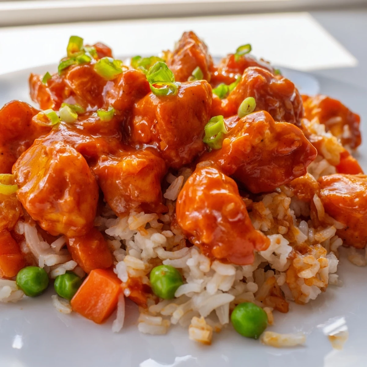 A close-up of delicious butter chicken fried rice, showcasing scrambled eggs, mixed vegetables, and savory spices in a skillet.