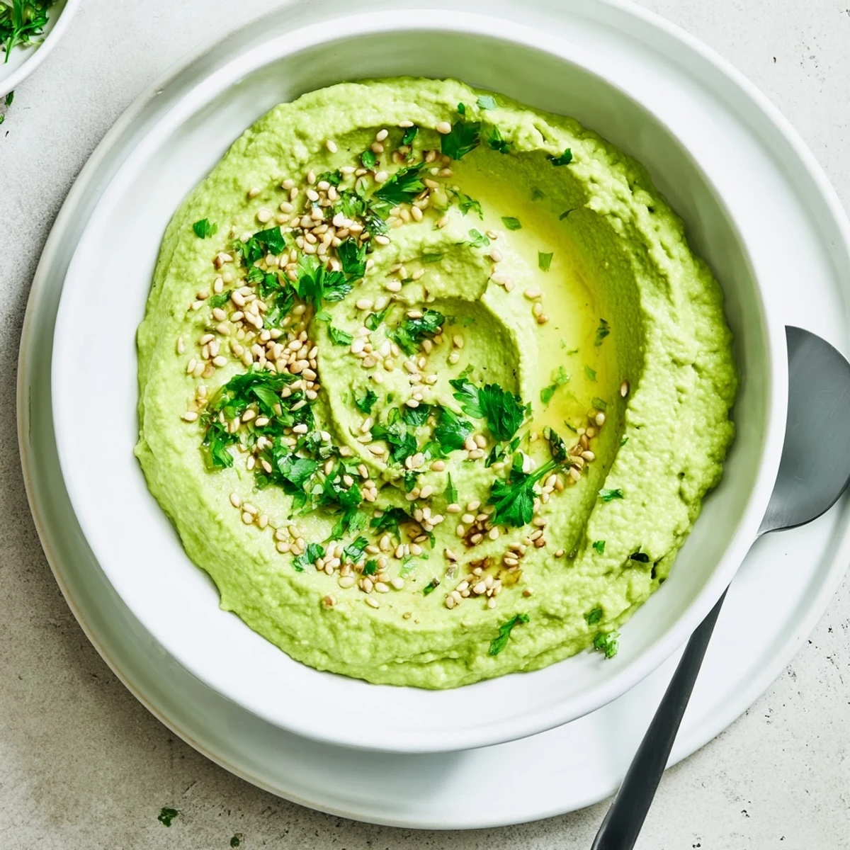 Creamy green Edamame Hummus with a drizzle of olive oil and sesame seeds, served with pita chips for dipping.  