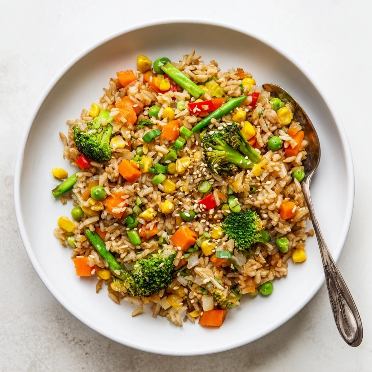 A close-up view of fluffy jasmine rice tossed with sweet corn, peas, and savory soy sauce.