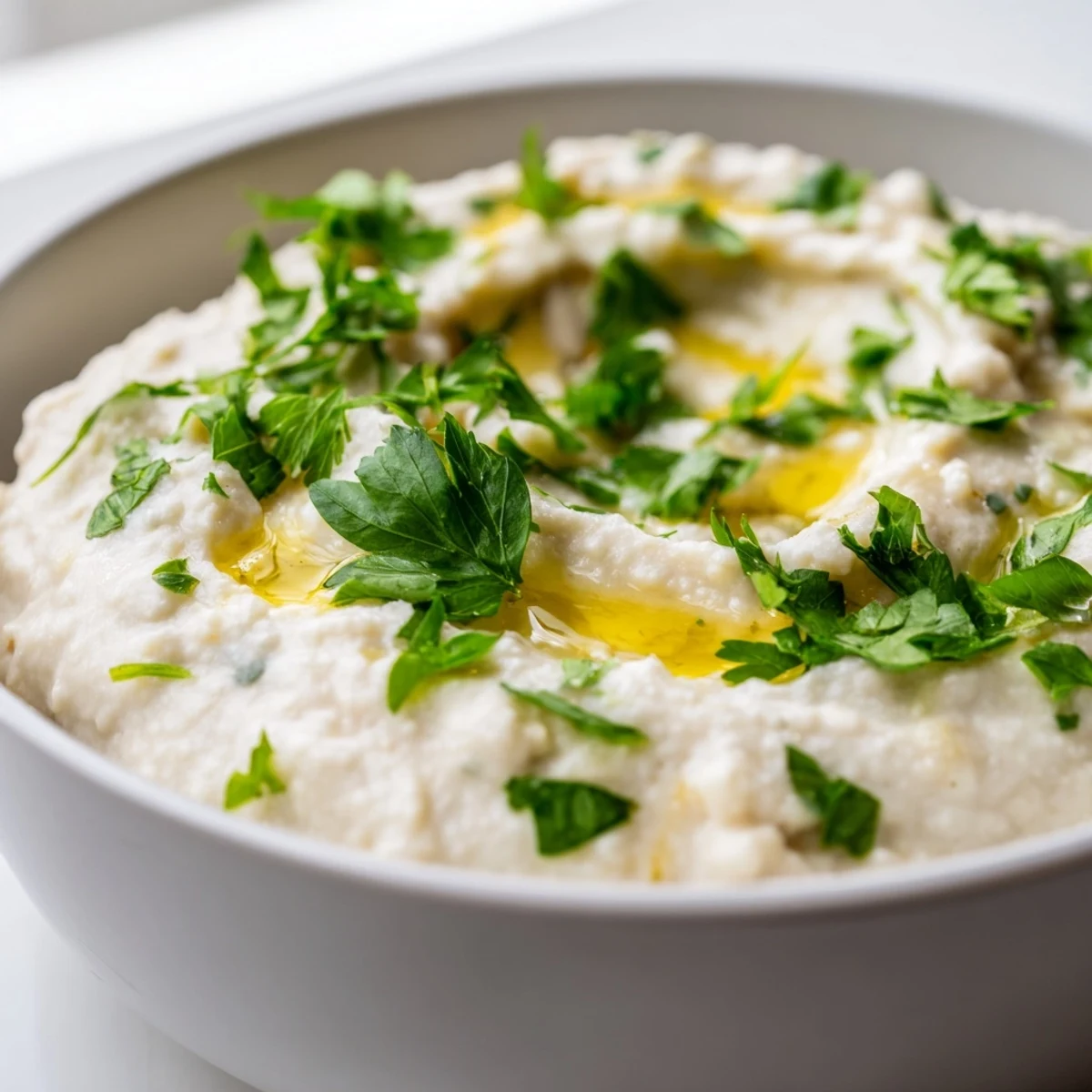 A bowl of creamy white bean dip garnished with olive oil and parsley, served with pita chips and fresh vegetables.  