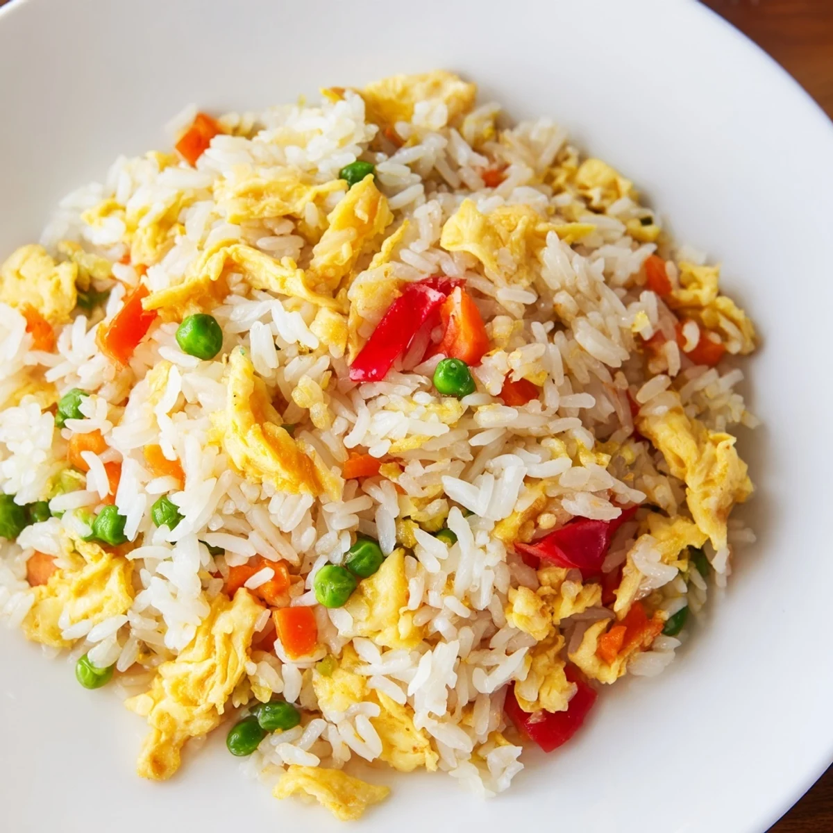Fluffy scrambled eggs and colorful vegetables mix with savory soy sauce in this classic Egg Fried Rice.  