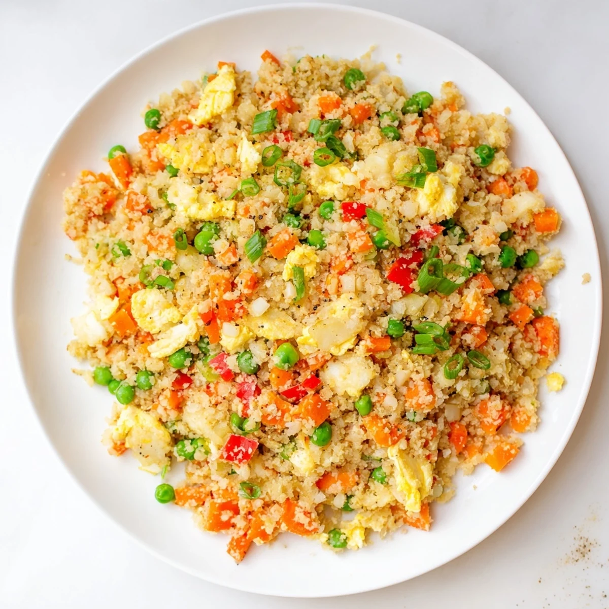 Vibrant cauliflower fried rice with peas, carrots, and scrambled eggs in a white bowl, garnished with green onions.  