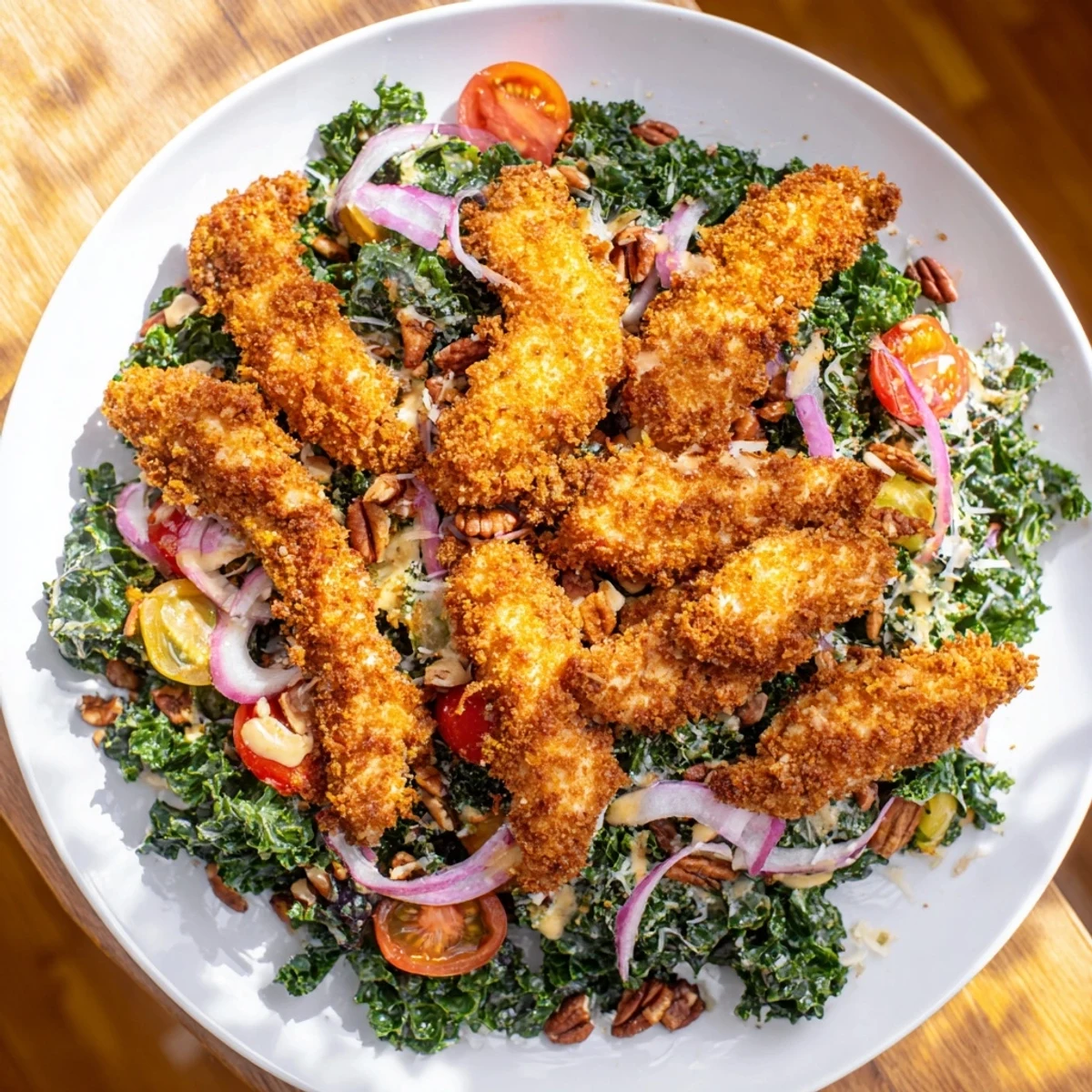 Golden crispy chicken strips rest atop a bed of massaged kale and cherry tomatoes, drizzled with tangy maple-Dijon dressing.  