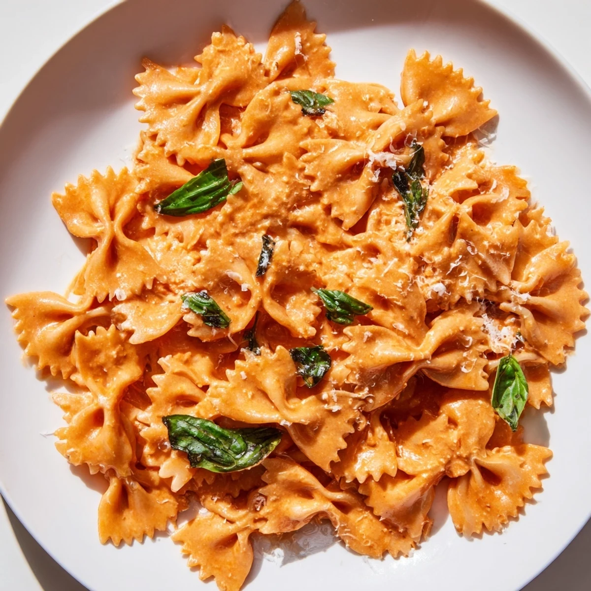 Creamy tomato basil bowtie pasta glistens in a shallow bowl, garnished with fresh basil leaves and grated Parmesan.  