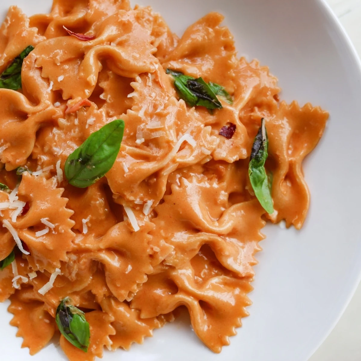 A close-up of the velvety tomato basil sauce clinging to each bowtie pasta knot, steam rising.  
