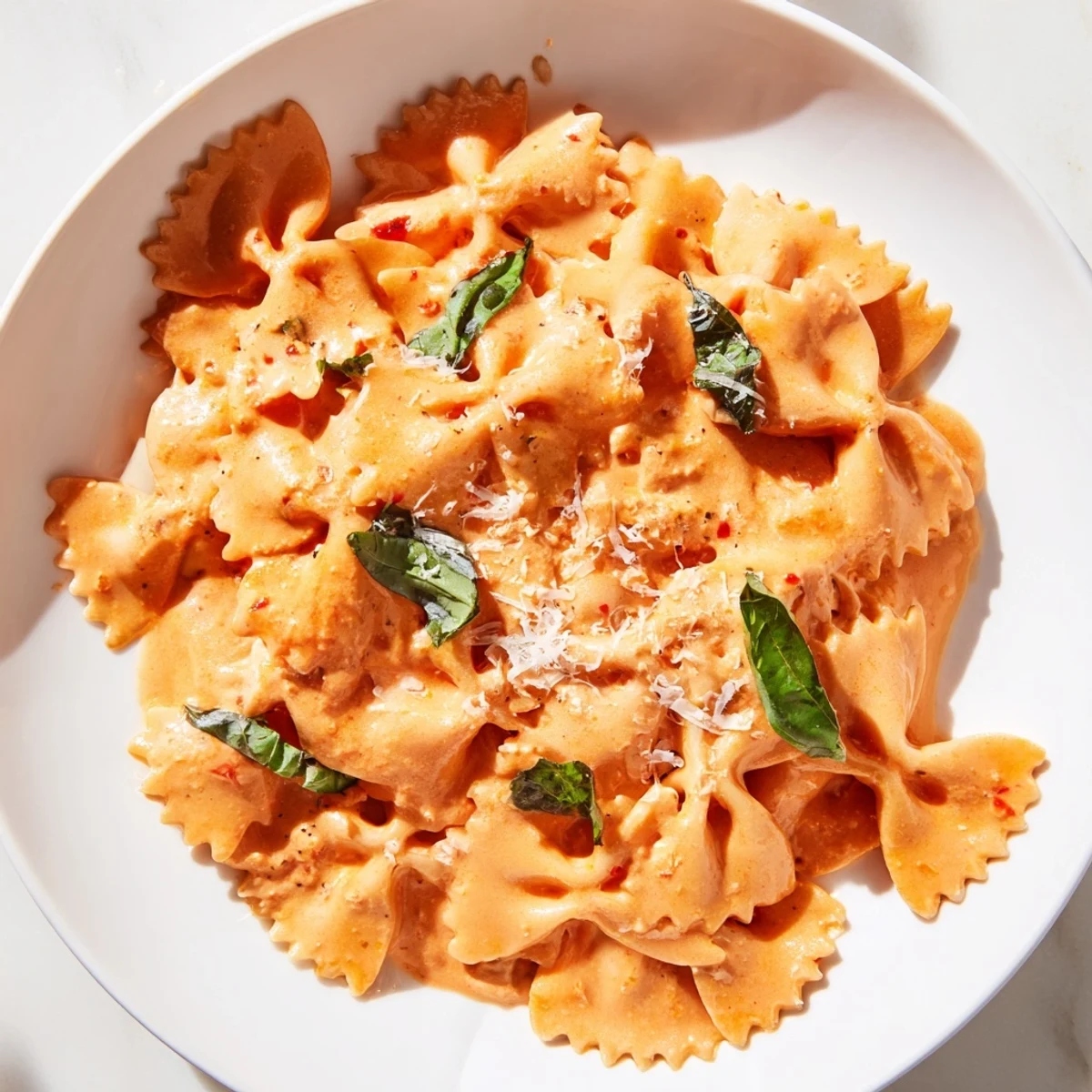Dinner plate of homemade tomato basil bowtie pasta, topped with extra Parmesan and a basil sprig.