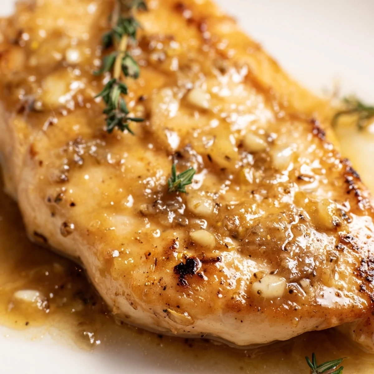 Golden-brown Honey Dijon Chicken Skillet simmering in a glossy, aromatic sauce with fresh thyme and rosemary.  