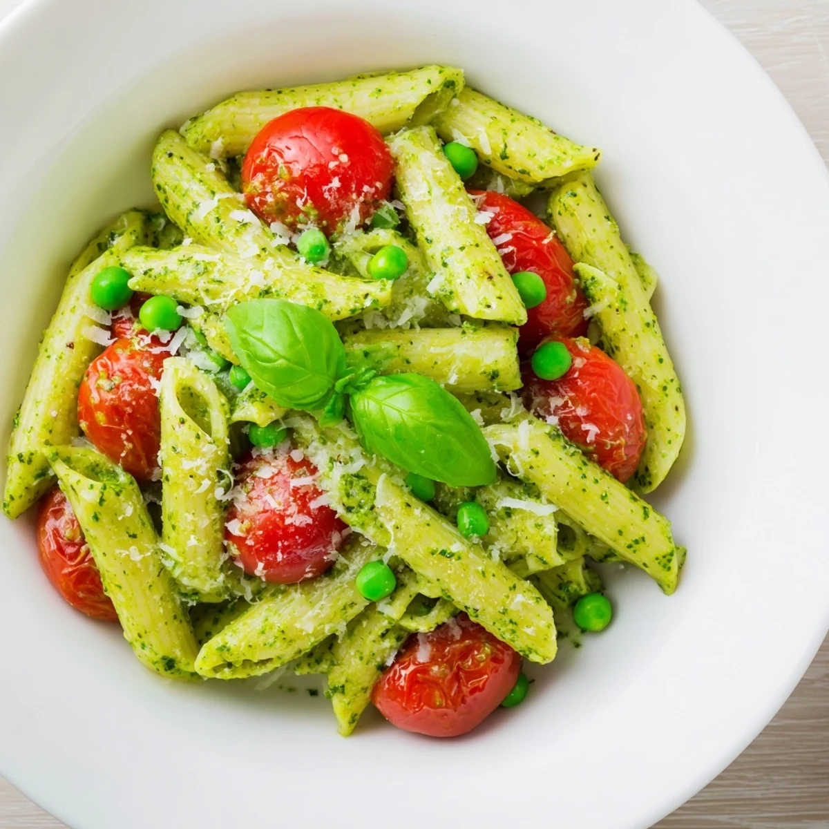 A close-up of vibrant Green Pesto Pasta Salad with cherry tomatoes and peas in a ceramic bowl.  