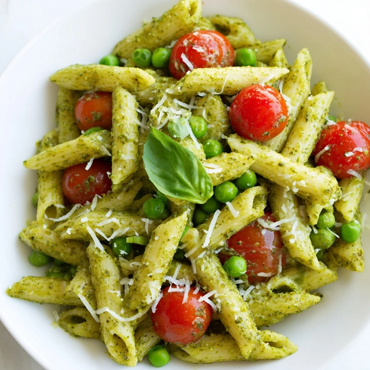 Tossing a large batch of Green Pesto Pasta Salad with juicy tomatoes and sweet peas for a potluck.