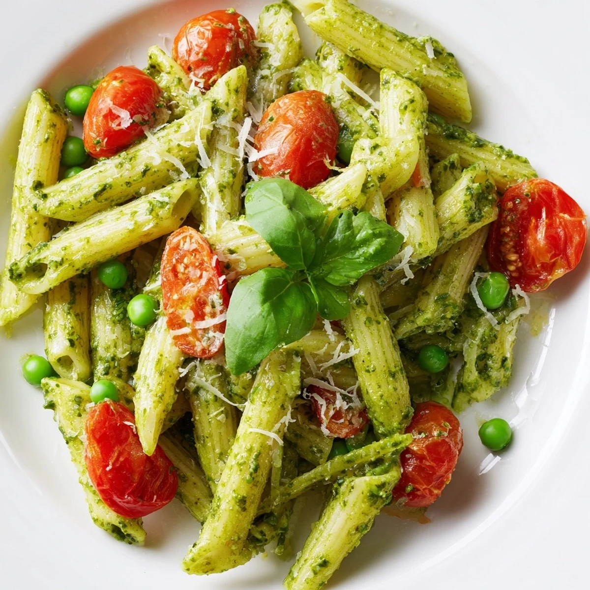 Green Pesto Pasta Salad served in a white bowl, garnished with fresh basil and grated Parmesan cheese.  