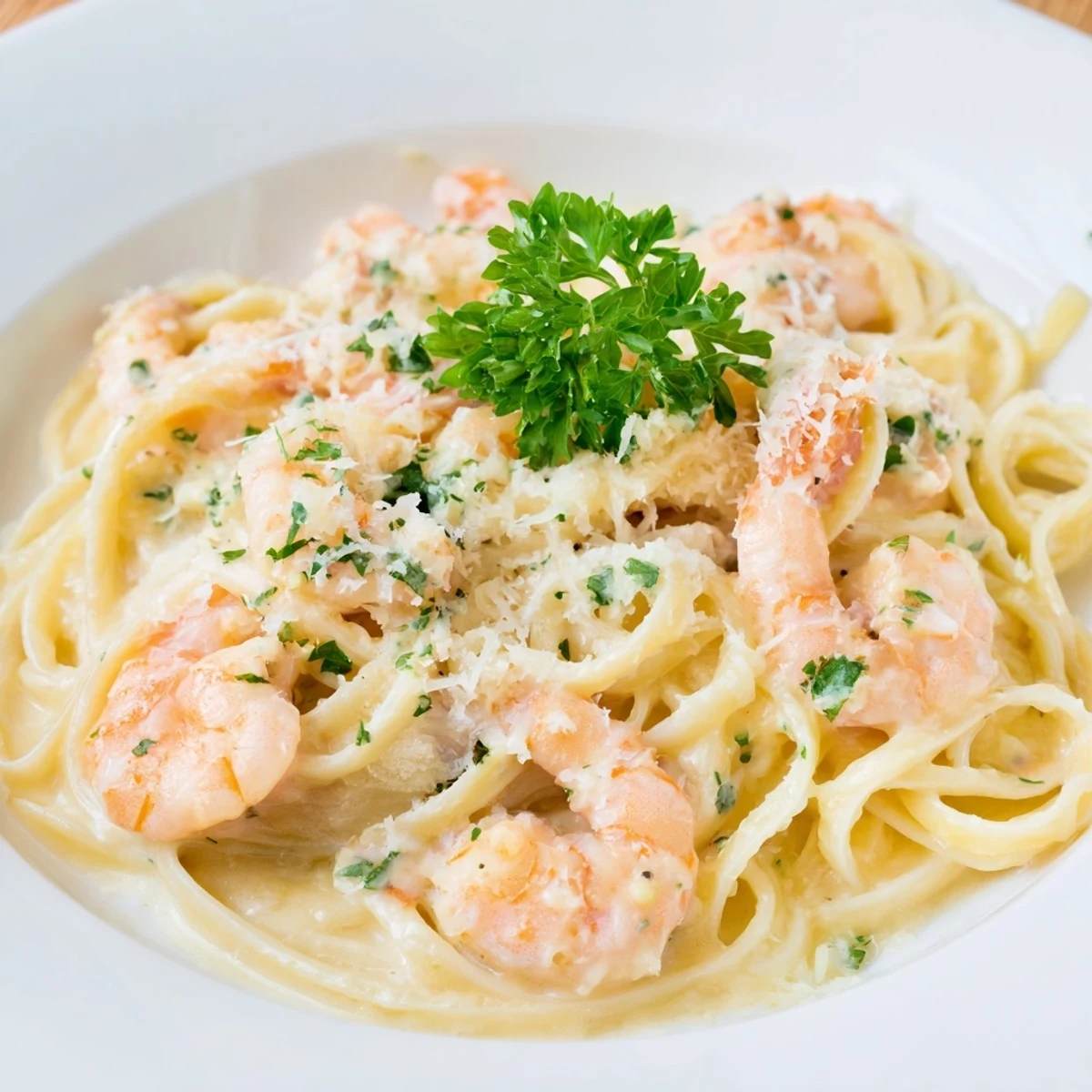 Steaming Creamy Garlic Shrimp Pasta twirls on a fork with tender shrimp in rich, garlicky cream sauce.