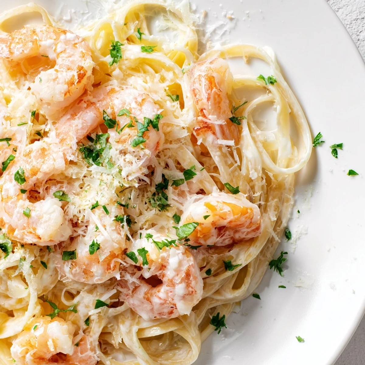 Creamy Garlic Shrimp Pasta served on a warm plate, garnished with Parmesan and red pepper flakes.