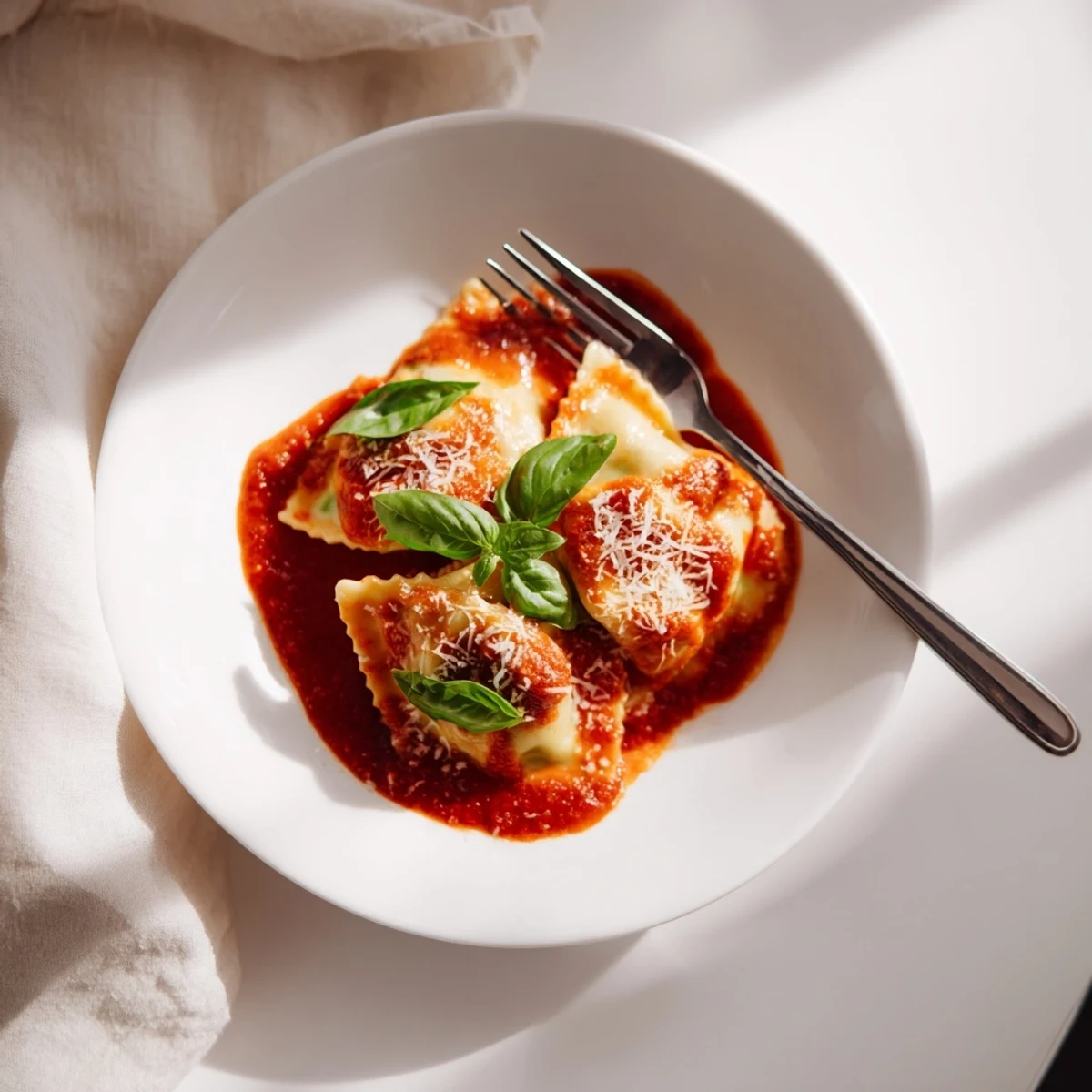 Homemade spinach ricotta ravioli with golden edges, served in a deep red sauce and garnished with fresh basil.