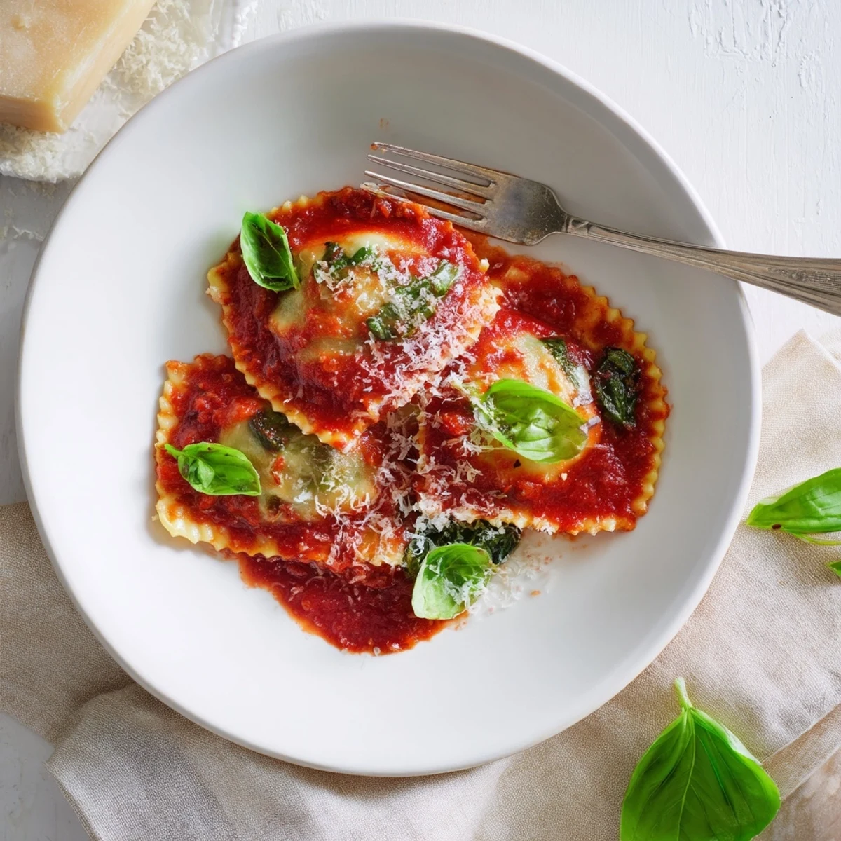 Vibrant platter of spinach ricotta ravioli tossed in marinara, featuring extra Parmesan and a sprig of fresh basil.
