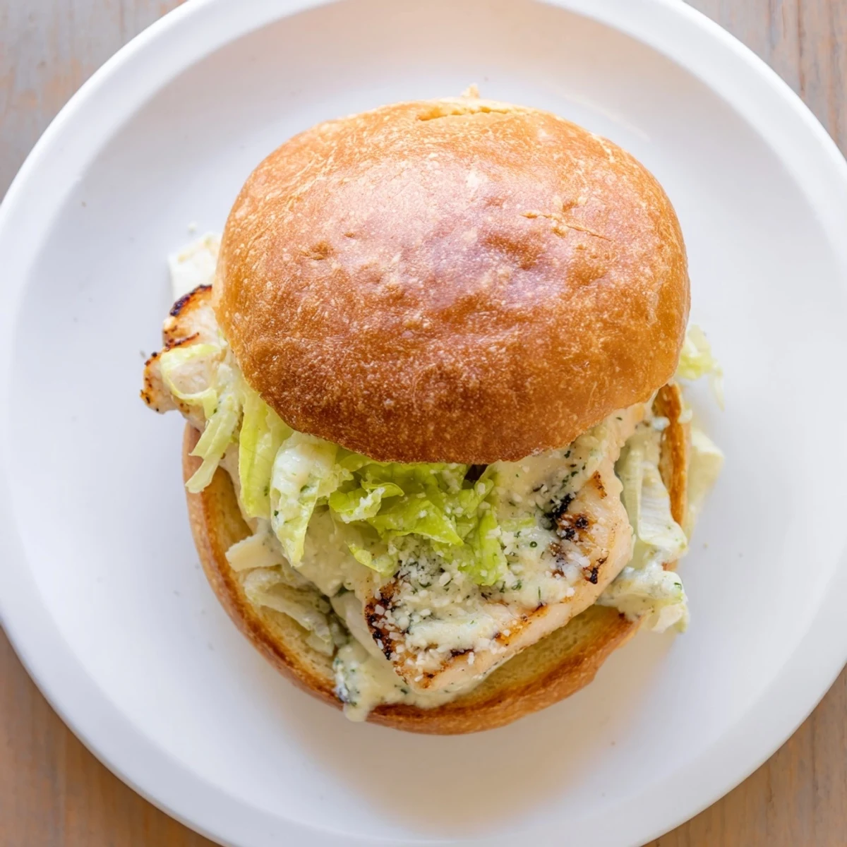 A close-up of a Caesar Chicken Sandwich, revealing juicy layers and fresh greens inside.
